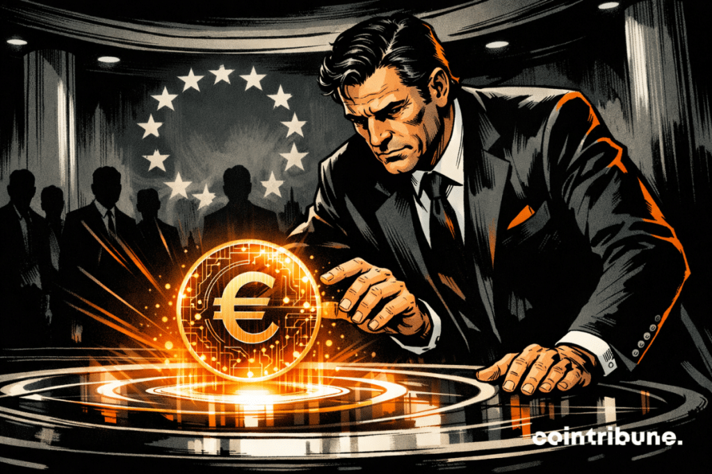 An ECB institutional executive examines a holographic mock-up of a digital euro coin.