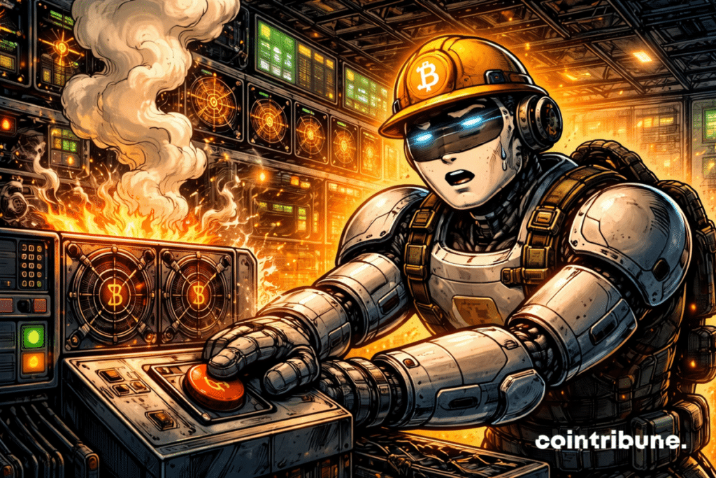 A robot turns off a hot Bitcoin mining machine.