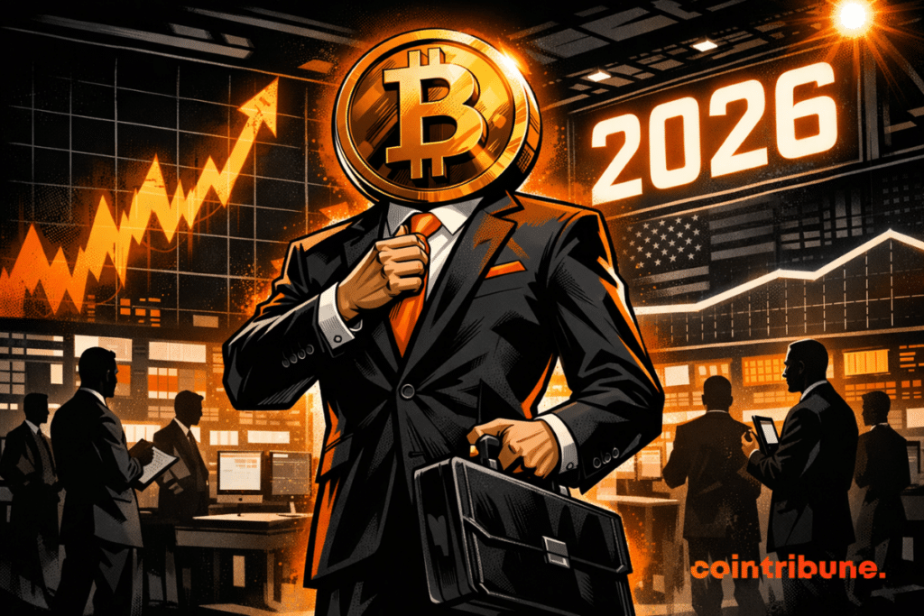 A Bitcoin in a suit dominates a stabilized crypto trading floor
