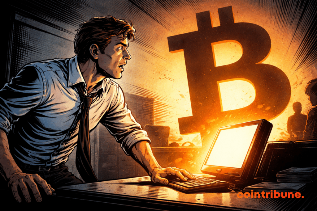 A user watches the rise of Bitcoin on their computer, symbolized by a glowing Bitcoin logo representing the growth of the Lightning Network.