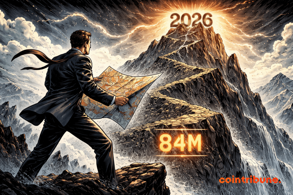 A determined trader, dressed in a 1970s suit, stands on a steep cliff shaped like an ascending chart, holding a windblown map pointing toward a glowing mountain peak marked 