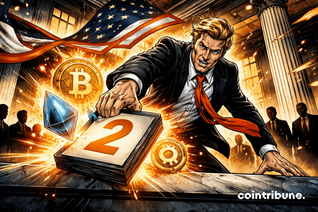 American tycoon files two crypto ETFs, Bitcoin, Ether and Cronos burst, dramatic energy, 70s comics style, American flag.
