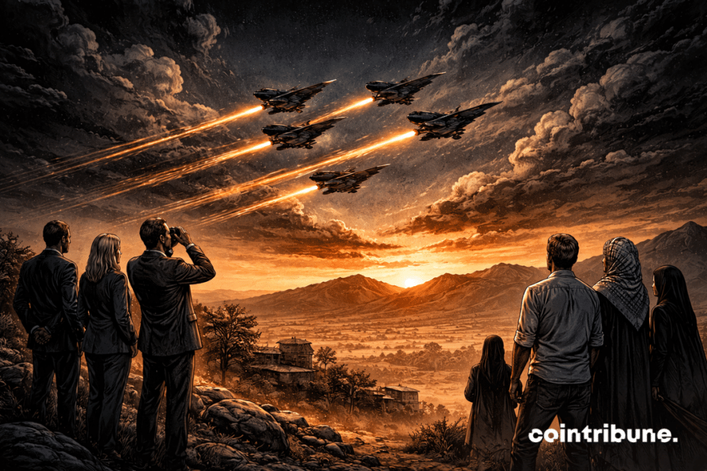 Under a dramatic night sky, silhouettes of military aircraft, symbolizing Trump's desire to carry out targeted strikes on Iran.