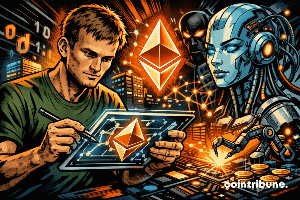 Vitalik Buterin working on an Ethereum digital interface alongside humanoid AI, symbolizing the convergence between blockchain and artificial intelligence.
