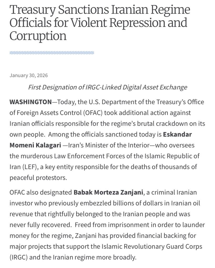 On January 30, 2026, the US Treasury struck Zedex Exchange Ltd. and Zedxion Exchange Ltd., two UK-based crypto exchanges, for their alleged role in funding Iranian entities.