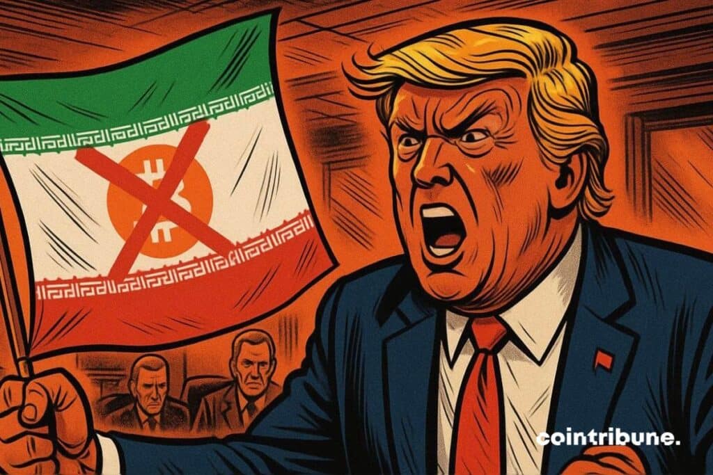 United States President Donald Trump with the flag of Iran with bitcoin crossed out on it. Marking the sanctions of crypto platforms.