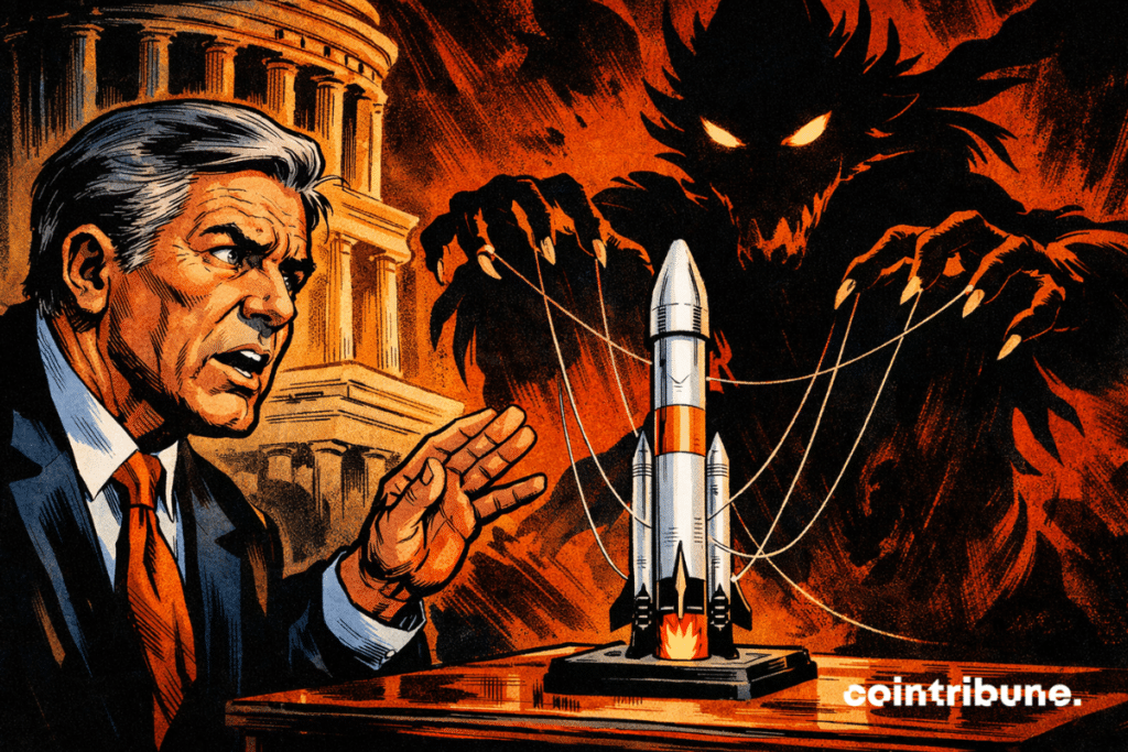 An alarmed senator observes a SpaceX rocket manipulated by a menacing Chinese shadow, a symbol of suspicion of foreign influence in Washington.