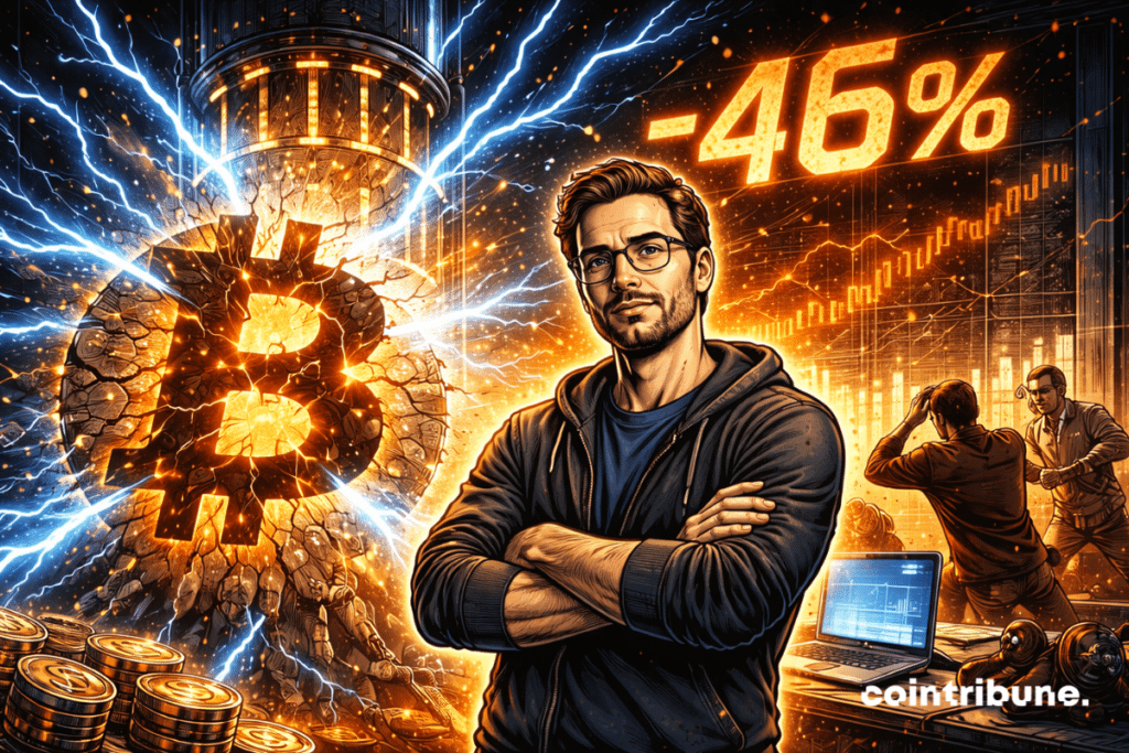Cracked Bitcoin hit with quantum lightning, −46% blazing, calm expert in the foreground, panicked investors and falling charts behind.