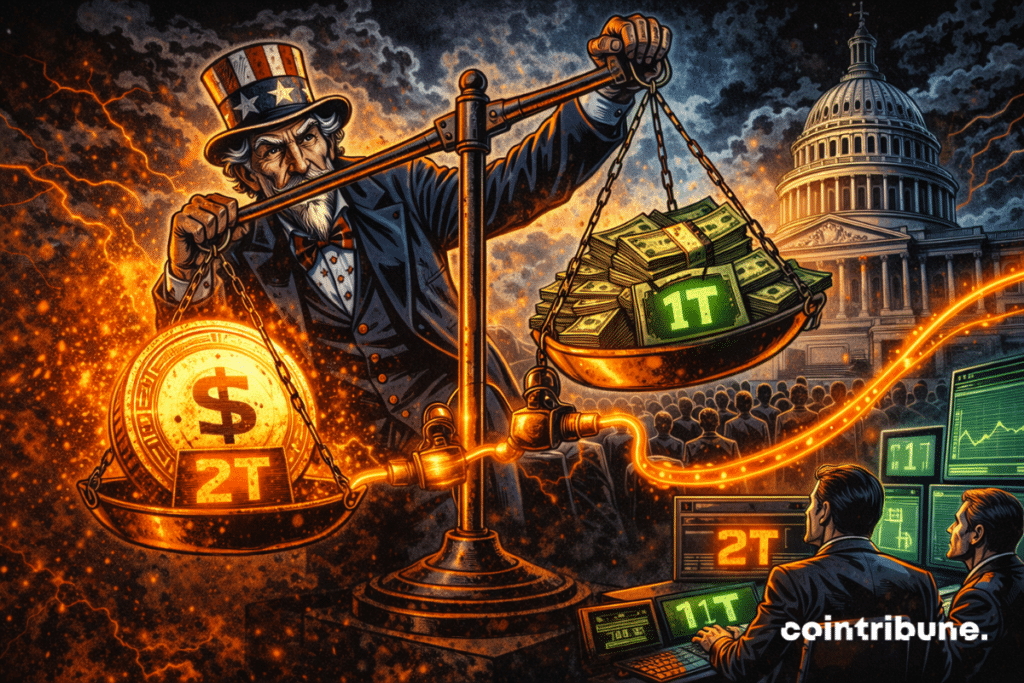 American figure manipulates giant scale, stablecoin marked 2T powers T-Bills 1T, light flow connects digital finance and national debt.