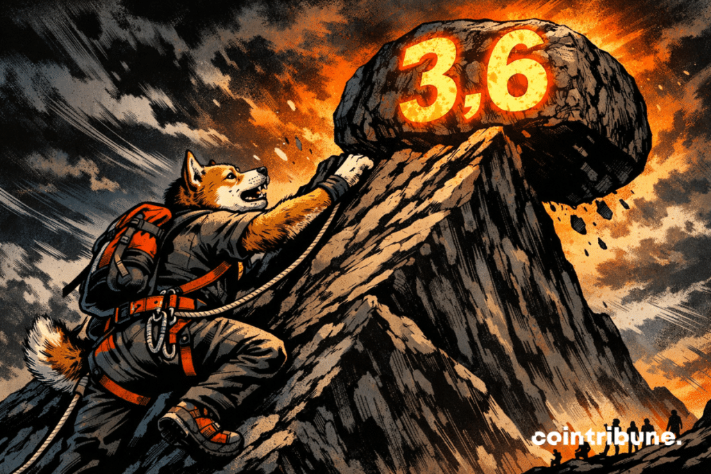 A crypto Shiba climber faces a huge luminous rock bearing the inscription 3.6.