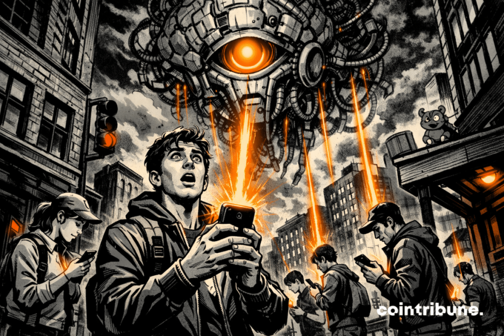 several smartphone players in a street, connected by orange beams to a gigantic mechanical AI in the sky.
