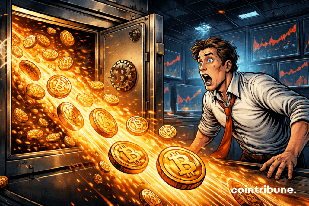 A horrified crypto analyst looks at an open exchange vault from which a bright torrent of massively leaking bitcoin gushes.