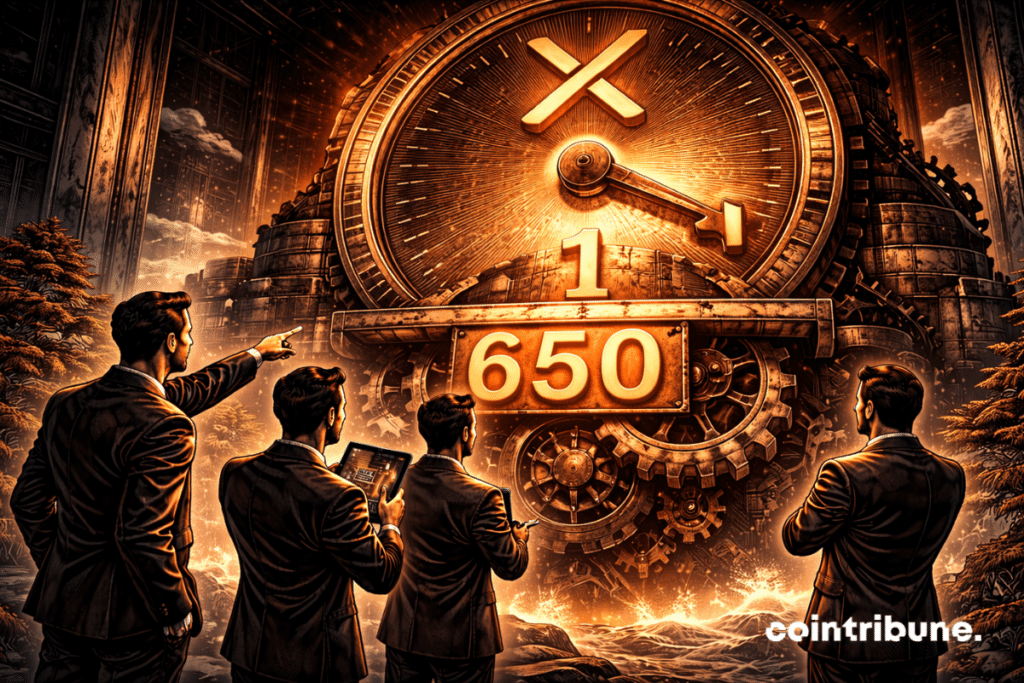 A huge industrial mechanical counter is made up of a massive circular dial on top and a system of imposing gears below. On the main dial, a large metal hand moves down to a mark etched deep into the metal with the number 1. Below the dial, massive, slowly rotating gears bear the number 650, engraved on a metal plate embedded in the lower mechanism. The XRP symbol hangs above the counter, tilted slightly downward, suggesting downward pressure.