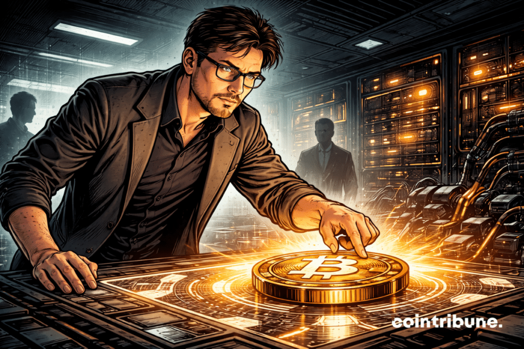 An analyst or researcher stands in a sober and technical analysis room. He observes or presents a Bitcoin coin placed on a light table, like an object of study. Around this piece, abstract visual elements evoke energy, circuits, mining machines and computational logic, without excessive spectacular effect. The scene should suggest an investigation into the actual making of Bitcoin, not a sensationalist announcement.
