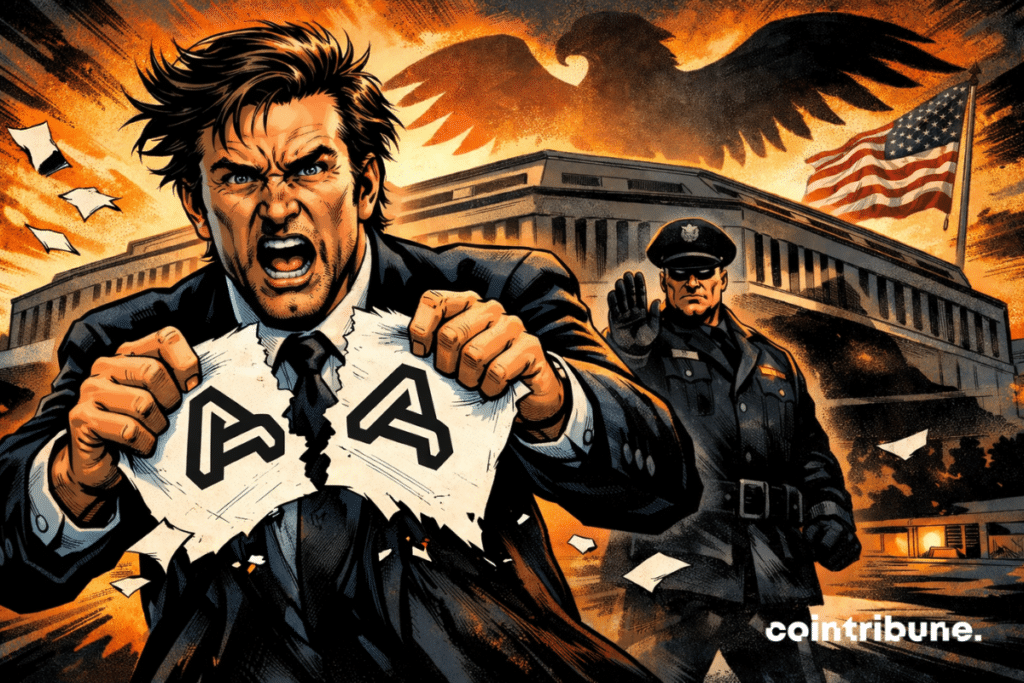 Furious man tearing apart Antropic AI logo, Claude in front of Pentagon, military arrests him, dramatic orange sky, explosive political tension, 70s comics style.