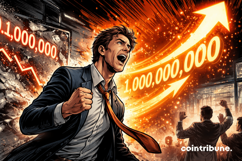 Euphoric crypto trader sees giant orange arrow exploding upward, bright billion erasing past losses in spectacular financial chaos.