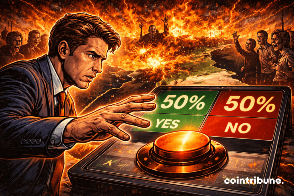 Founder hesitates in front of a light button, screen displays 50% against 50%, divided crowd shouts, map in flames behind him.