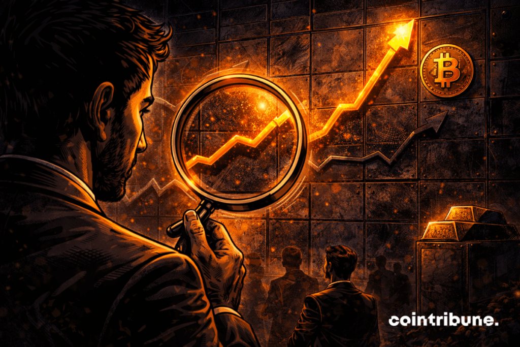 An analyst holds a large magnifying glass aimed at the chart's inflection point. He observes the gap between gold and Bitcoin.