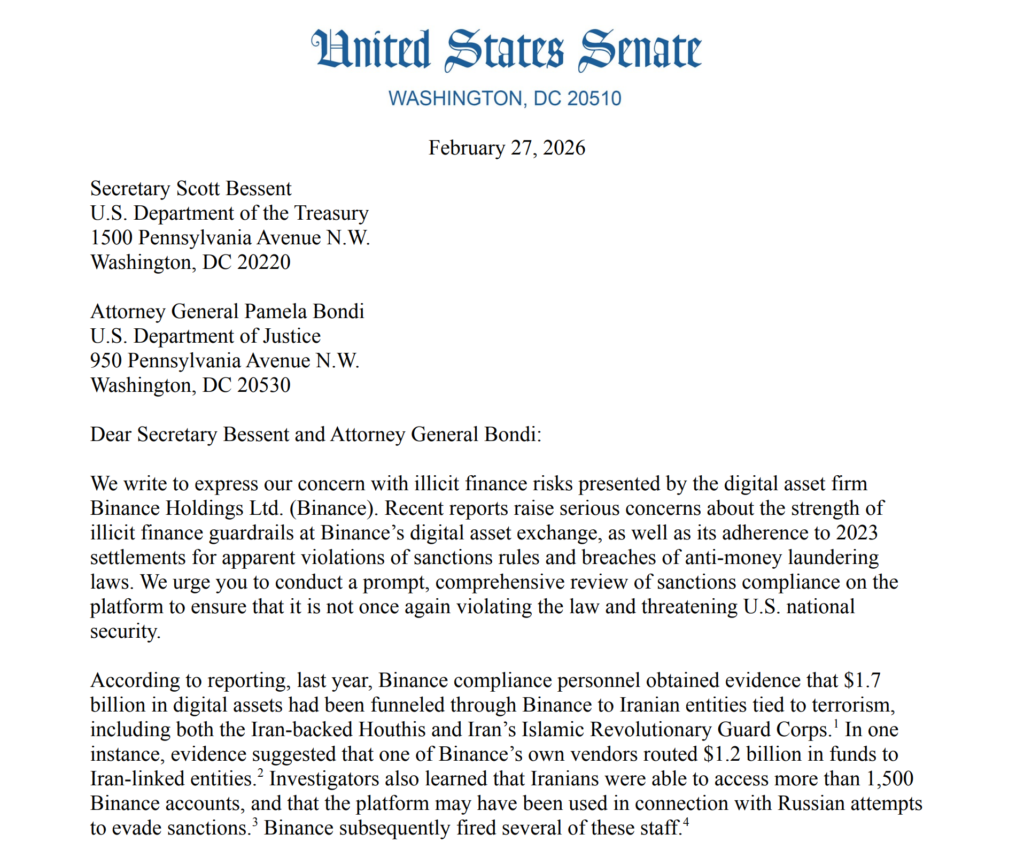 Their letter, addressed to Treasury Secretary Scott Bessent and Attorney General Pamela Bondi, demands a complete and immediate review of the crypto platform's compliance controls.