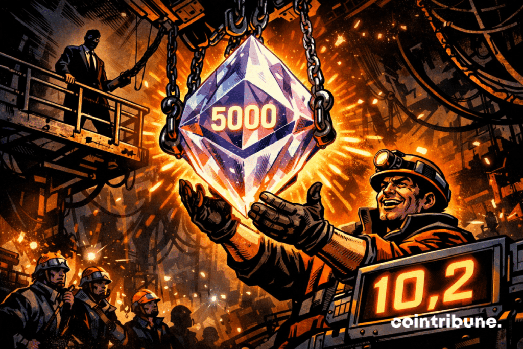 A miner receives a huge Ethereum crystal suspended in a futuristic mine.