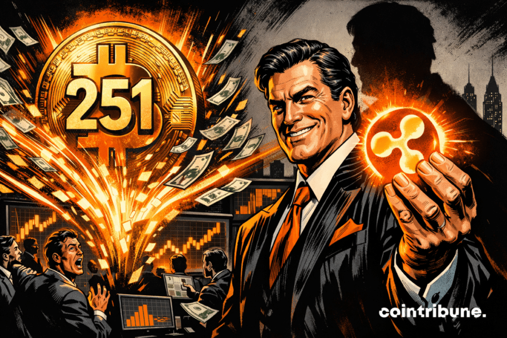 Triumphant banker holding up glowing XRP, gigantic Bitcoin marked 251 behind him, explosive money flows and stunned traders in a trading room