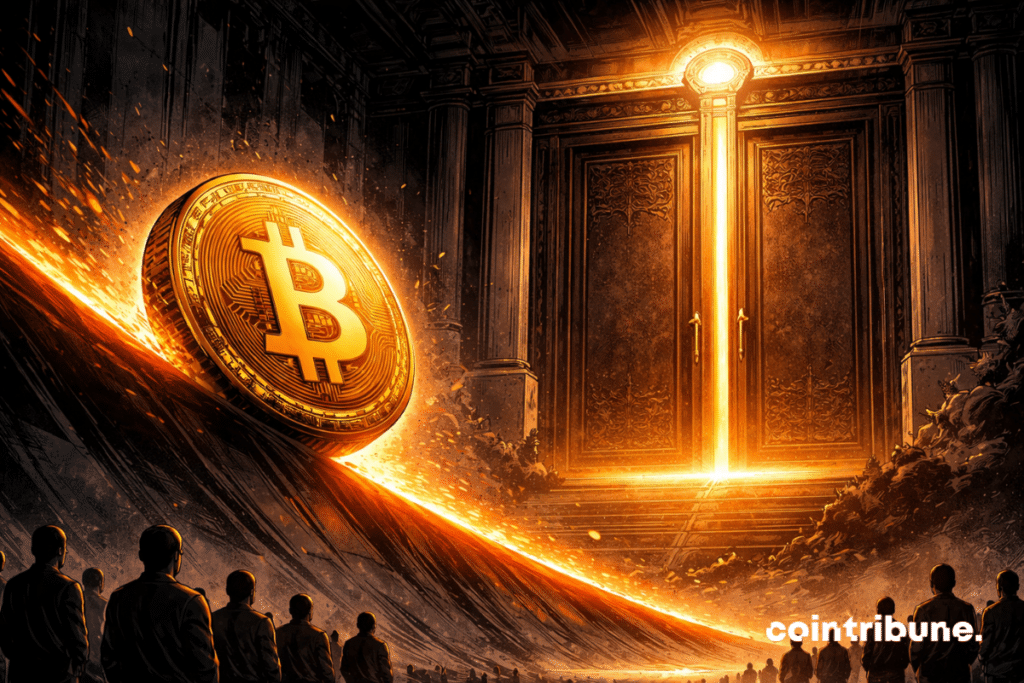 In an abstract setting between crypto market and institutional monetary architecture, a large Bitcoin coin descends slightly towards a critical low zone. In front of her stands an immense closed gate, solemn, massive, evoking a decision still suspended. The whole scene should make it feel like Bitcoin's decline comes just before an important verdict, without showing total panic.