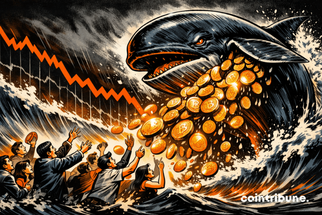 70s comic illustration: a giant whale dumps Bitcoin coins on investors, while a graph falls violently.