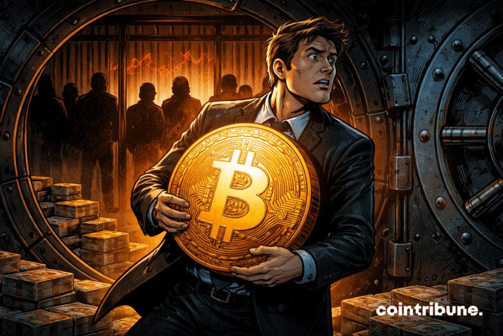 An investor is holding a huge shiny Bitcoin coin. He is worried, looking back.