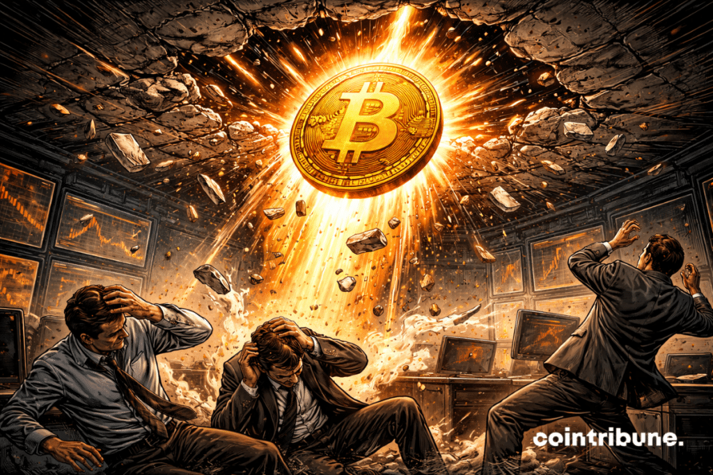 A glowing Bitcoin crosses the ceiling upwards. Below, short sellers protect themselves from debris.
