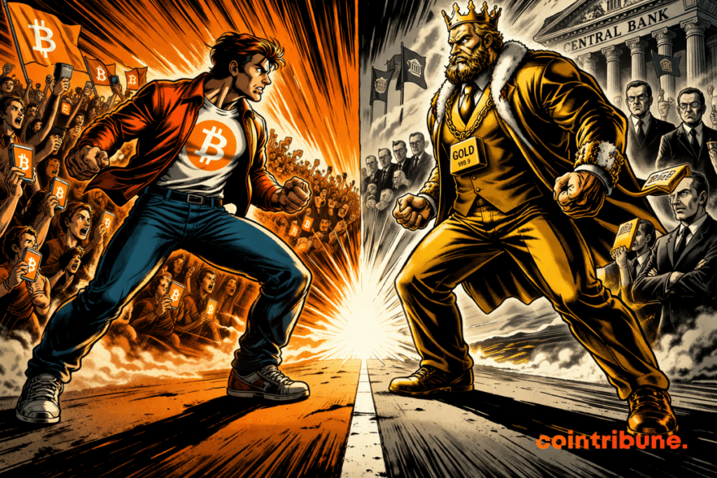 Two opposing figures clash intensely, Bitcoin supported by a passionate crowd facing a golden king surrounded by rigid and powerful elites