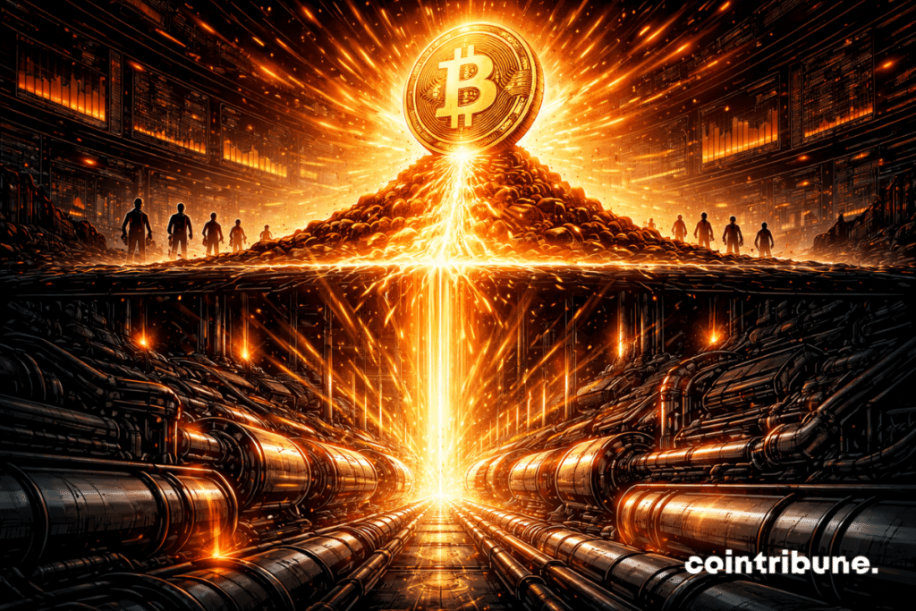 A large Bitcoin coin surges above a bright threshold, in a powerful, sharp vertical surge. Beneath this visible scene, an immense abstract financial mechanism powers the climb: turbines, flows, circuits, energy chambers and dark industrial volumes converge towards the base of the trajectory.
