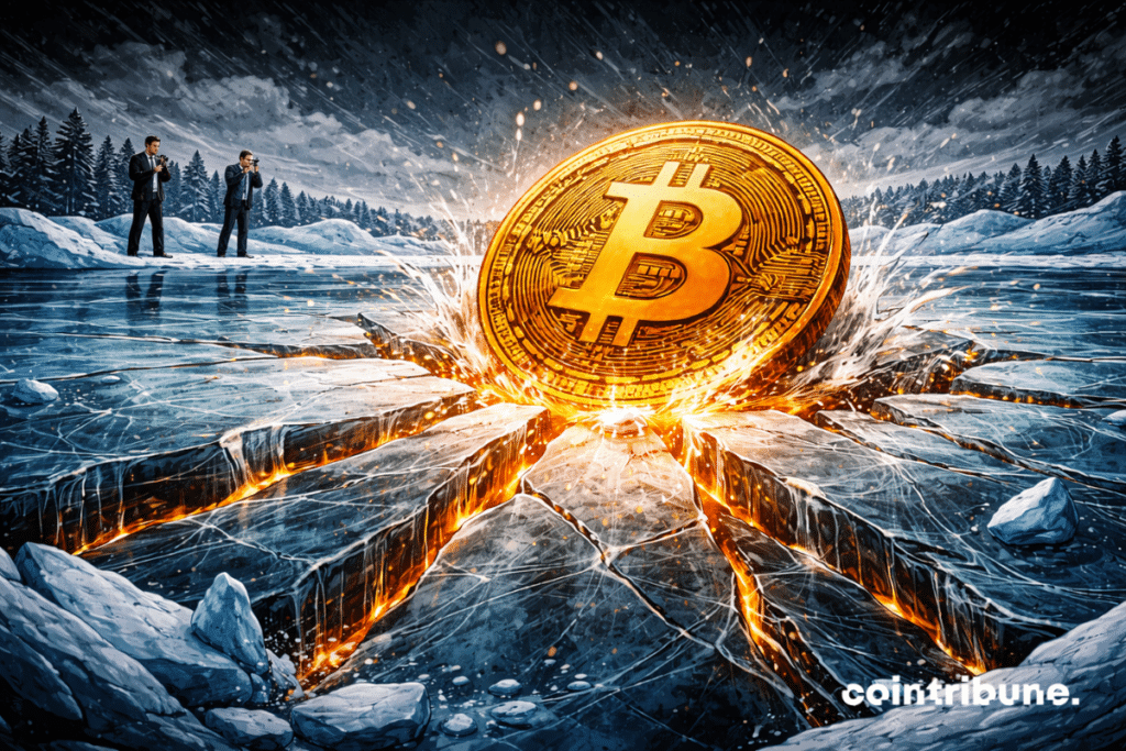 A massive Bitcoin sits on ice. Cracks quickly expand under its weight. Remote traders watch cautiously.