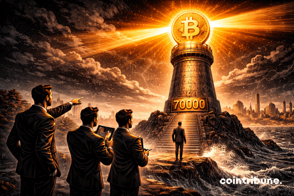 Atop a huge industrial beacon, a monumental Bitcoin symbol acts as the main light source. It emits an intense orange beam that cuts diagonally across the scene, piercing a dark, cloudy sky. At the base of the lighthouse, integrated into a metal plate embedded in the structure, the number 70000 is deeply engraved.