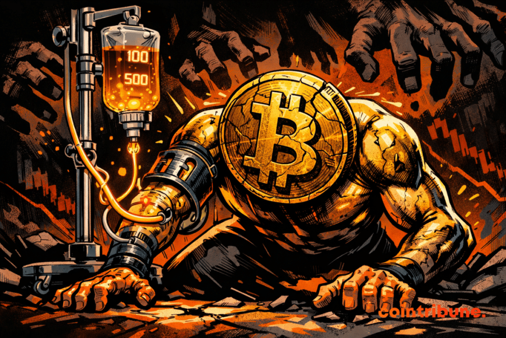 Illustration of a weakened Bitcoin under pressure, connected to an infusion, symbolizing the market's dependence on ETF flows.