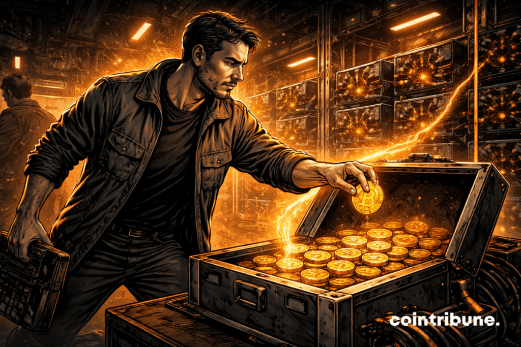 In a dark, hot and dense industrial mining farm, an operator or manager stands in front of an open stash of Bitcoin coins. He takes part of it with a measured gesture, while a discreet visual flow connects this reserve to the racks of machines behind him. Reserves are no longer just stored, they are now used to keep the activity alive.