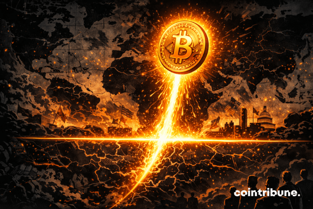 A large Bitcoin coin passes through a zone of abstract geopolitical turbulence, composed of world map fragments, border lines, dark masses, spheres of influence and heavy institutional forms. After passing this tense zone, it clearly passes over a sharp line of light.