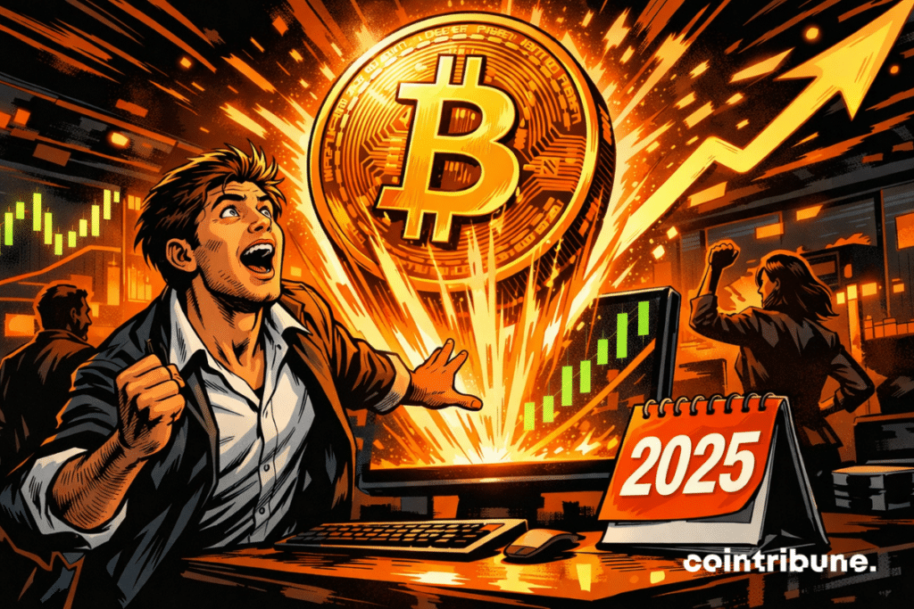 Trader stunned in front of a giant Bitcoin in full flight.