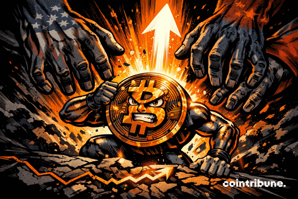 Heroic Bitcoin pushes back against global pressure, ascending orange arrow