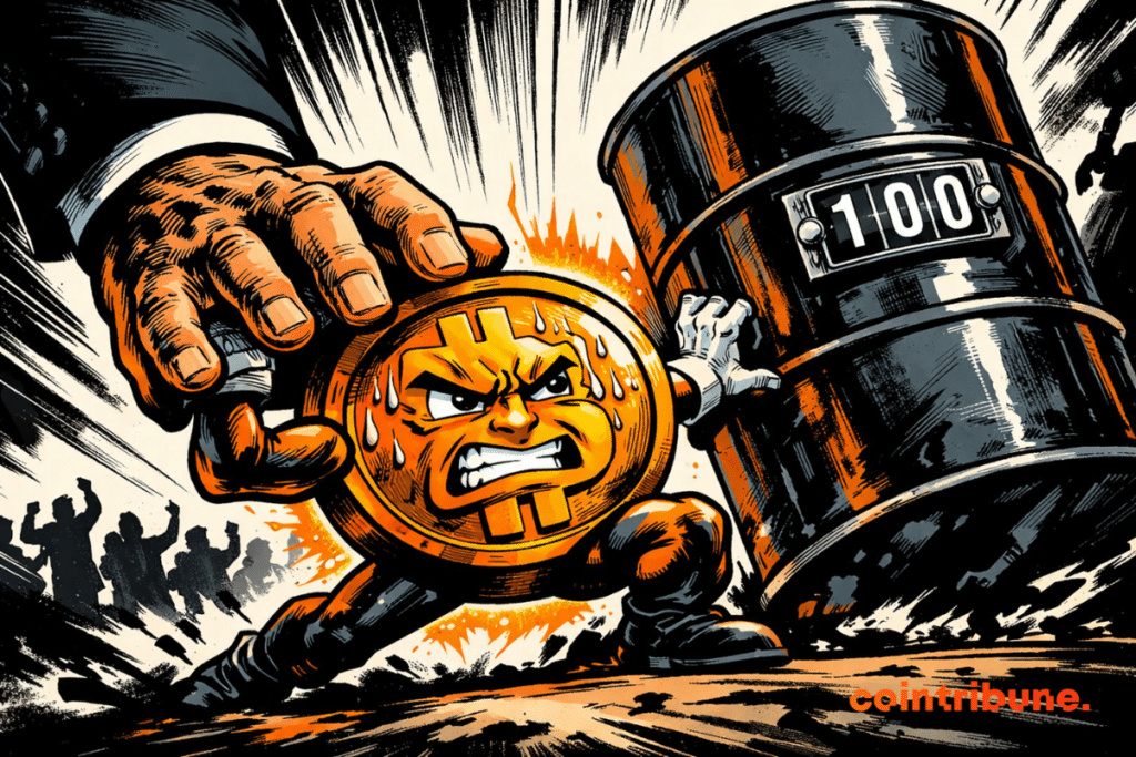 Illustration showing a personified Bitcoin, sweating and under pressure, trying to resist a barrel of oil reading $100, a symbol of rising energy and global economic tensions.