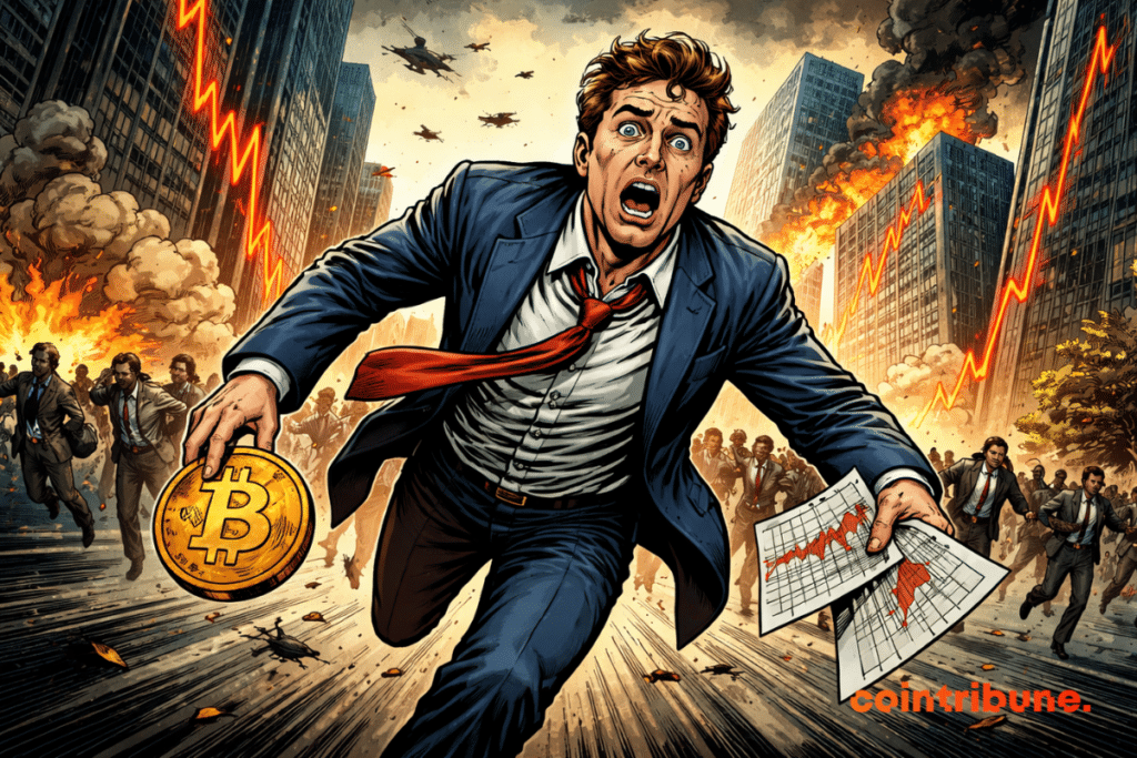 Panicked investor flees financial chaos, abandoning Bitcoin and stocks, while crowds escape amid explosions and sharply falling markets