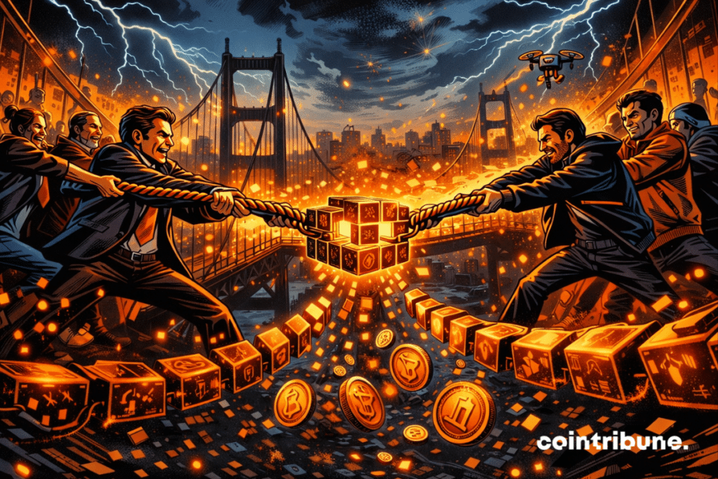 Teams pull a rope across a storm-swept bridge as tokenized blocks ignite, forming a string of light as night falls.