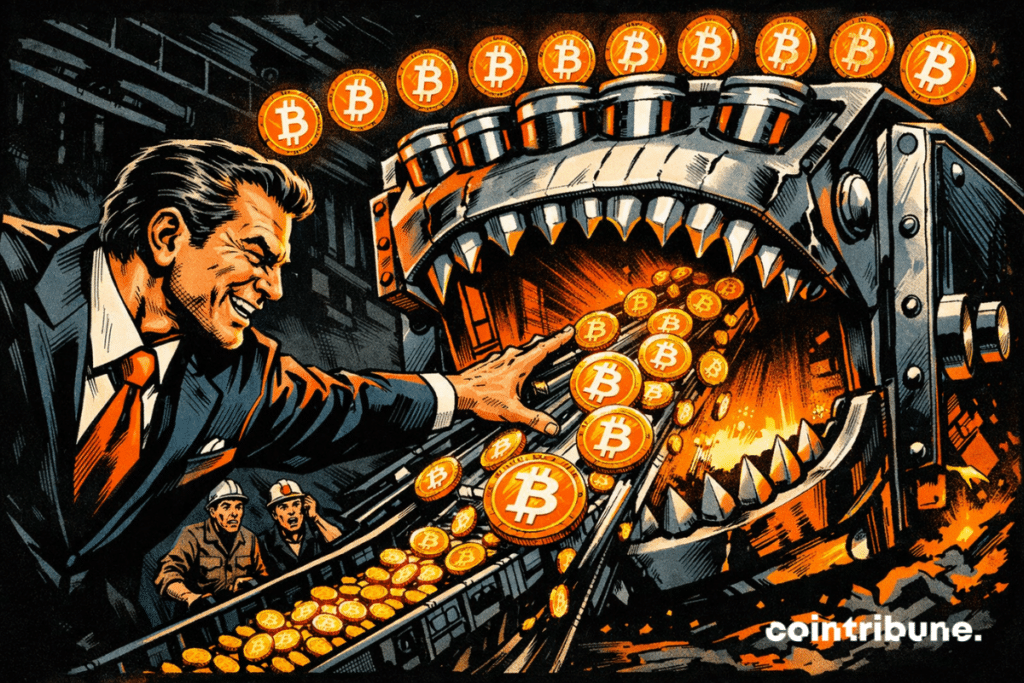 : Business executive sucking bitcoins into a giant mechanical vault.