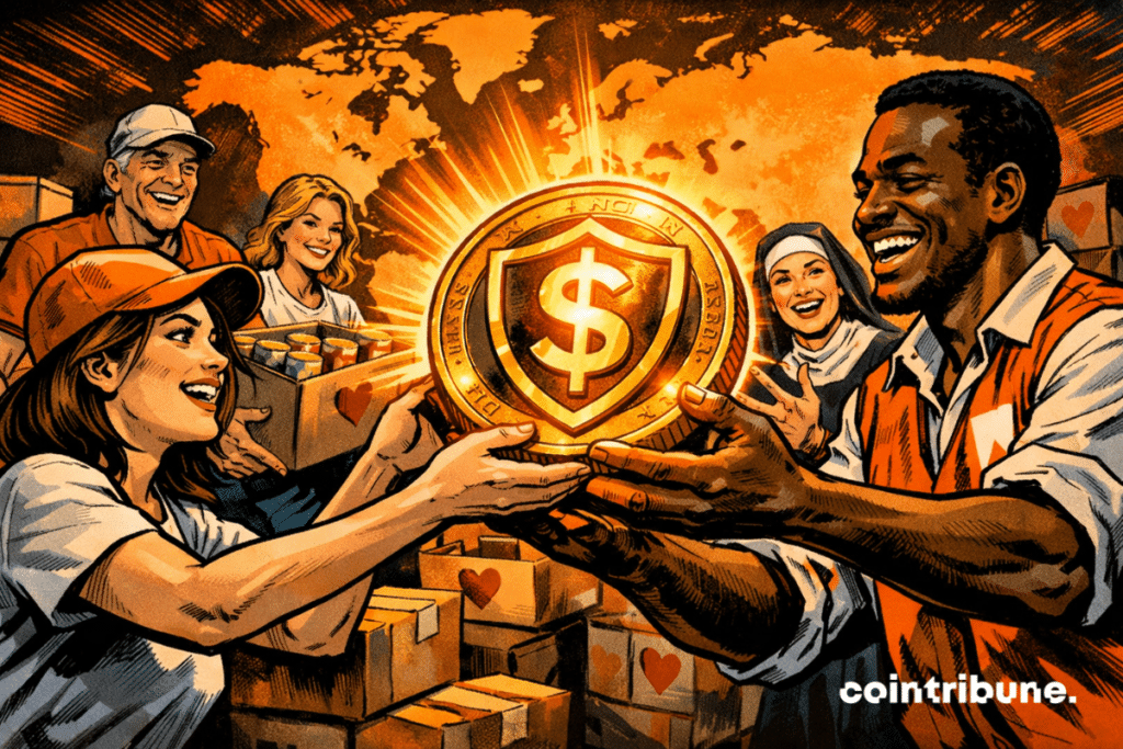 Volunteers and aid workers pass around a stablecoin symbol, illustrating the rise of charitable donations in cryptocurrencies around the world.