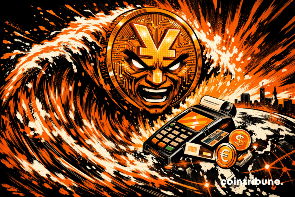 Comic book style illustration showing a gigantic digital yuan coin with a menacing face forming an orange wave crashing over a payment terminal and global currency symbols, evoking the expansion of the digital yuan in international payments.