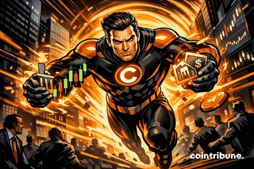 Illustration of a superhero representing Coinbase, operating in an urban environment with financial charts and stock symbols, illustrating derivatives trading.