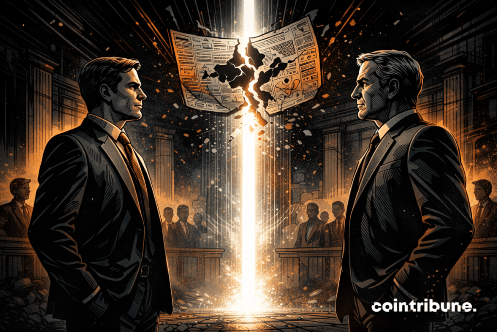 In a dark and monumental courtroom, two opposing forces come into tension. On one side, a modern institutional figure representing the crypto universe (Binance), sober, determined, anchored. On the other, a more classic figure, linked to the world of the press (Wall Street Journal), just as calm and solid. Above or between them floats a cracked abstract form evoking contested information, an attacked reputation or a version of the facts called into question.