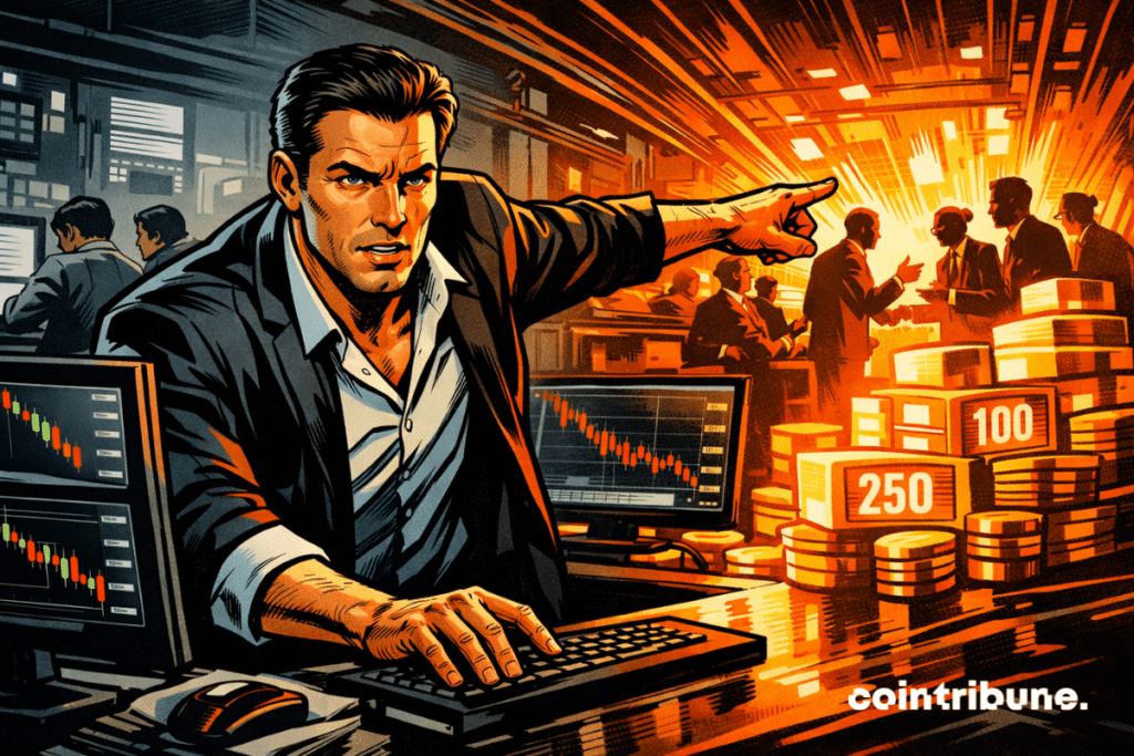 Crypto trader in the trading room, busy OTC area.