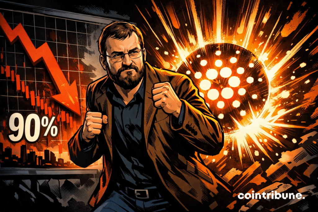 Charles Hoskinson determined, facing Cardano crypto fall 90%, bright logo symbolizing resilience, dramatic tension, 1970s comic book style.