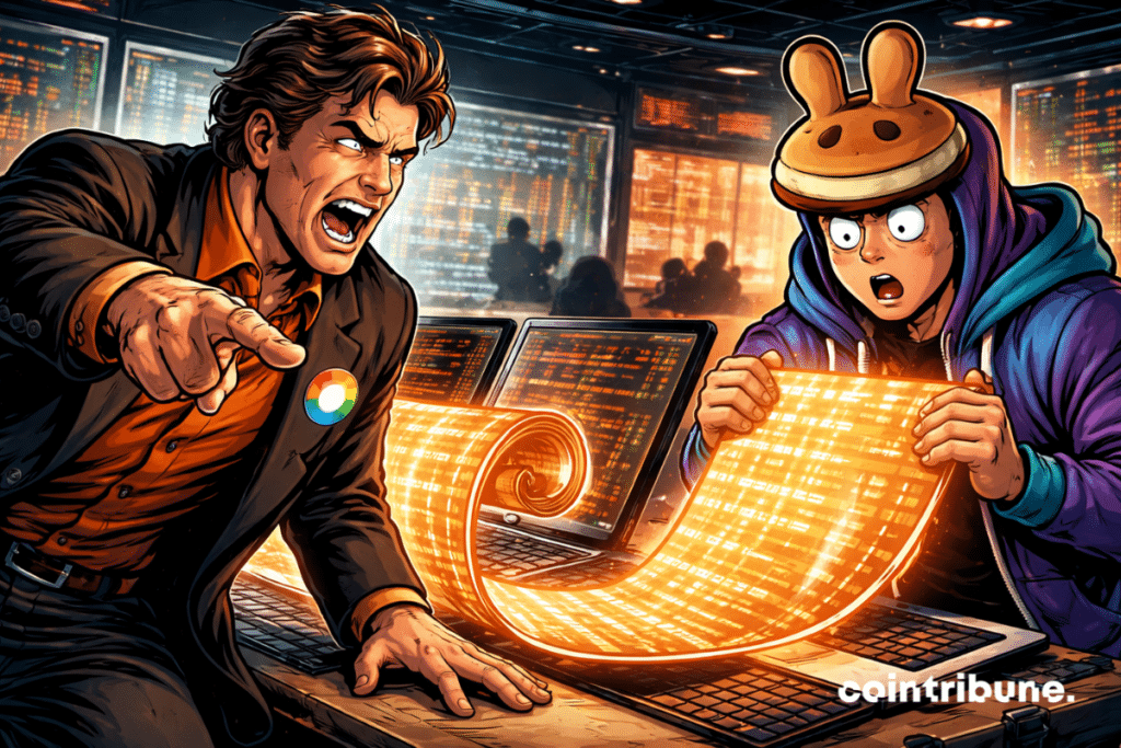 Two characters clash over glowing crypto code in a tech office