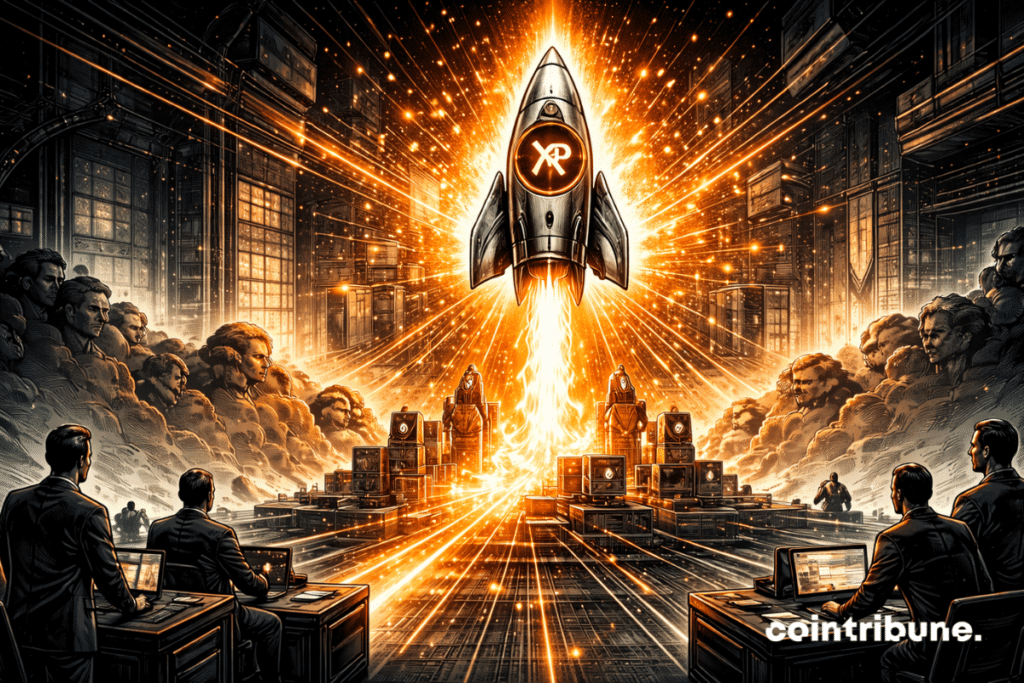 In a hybrid setting between financial center and abstract launch platform, a visual module linked to XRP rises suddenly from a market ramp. This is not a classic rocket, but a symbolic, compact, elegant financial vehicle built with geometric shapes and abstract trading elements. The whole scene must suggest that demand on XRP derivatives is suddenly propelling the asset into a phase of speculative intensity.